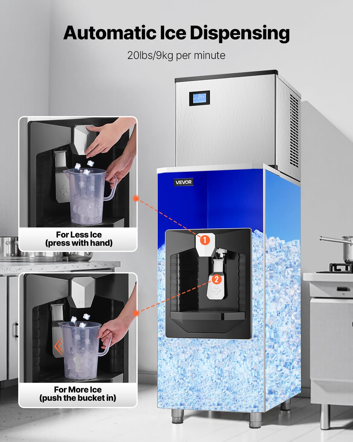 Vevor Ice Dispenser, Ice Storage Bin With 180 Lbs Storage Capacity, 20 Lbs/Min Automatic Ice Dispensing With Crusher, Height Adj