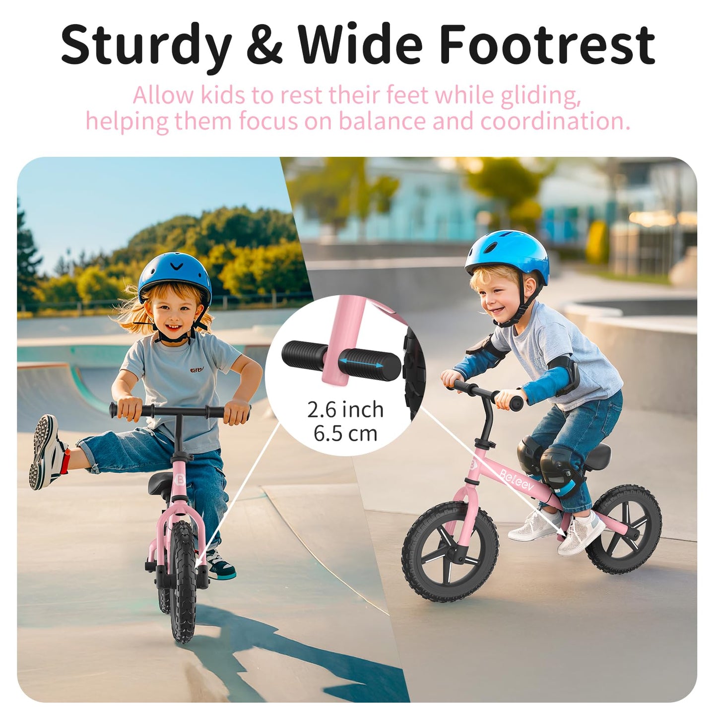 BELEEV C2 Toddler Balance Bike for 2-5 Year Olds with LED Light-Up Wheels, Adjustable Seat & Handlebar & Footrest, 12 inch No-Pedal Training Kids Push Bicycle - Birthday Gift for Boys & Girls (Pink)
