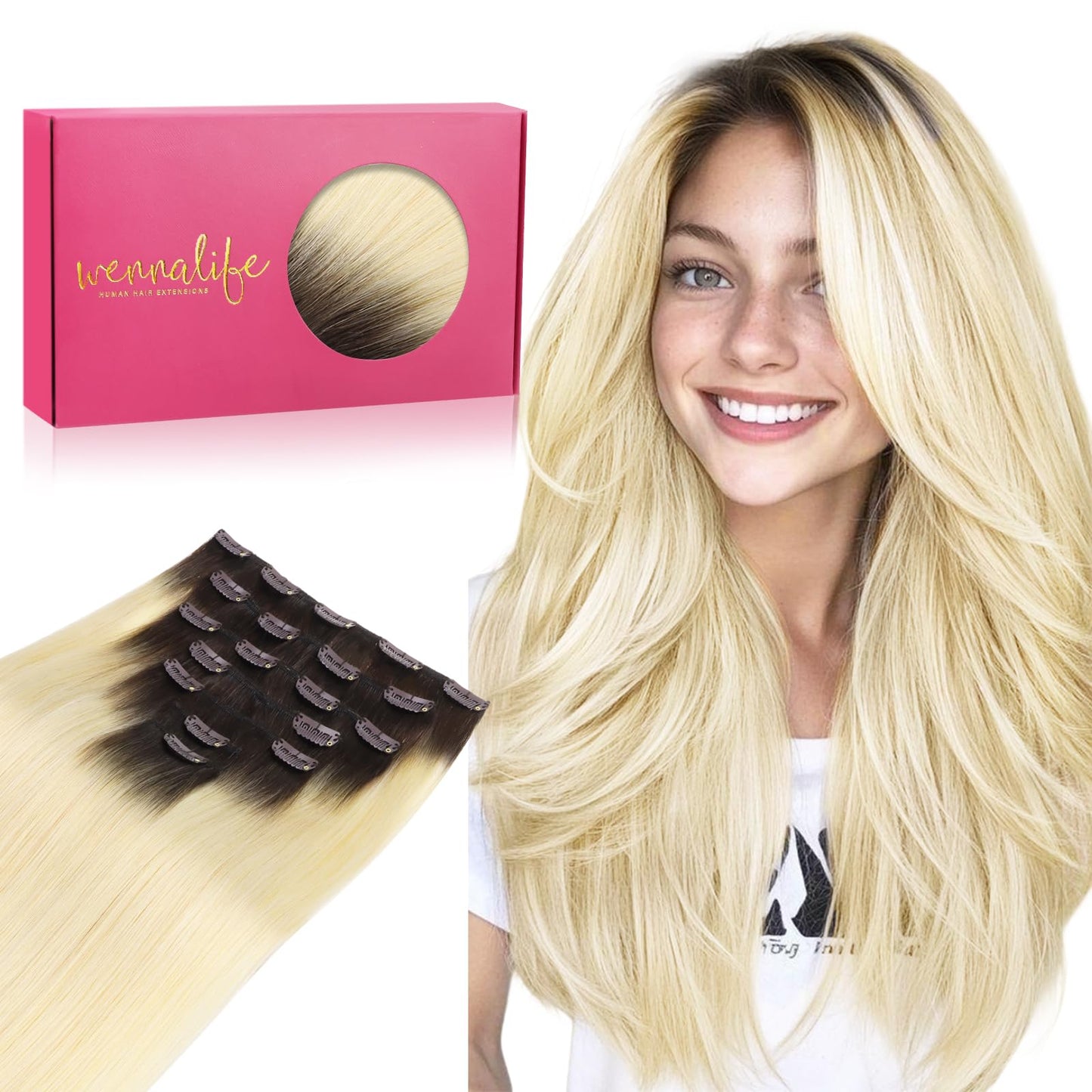 WENNALIFE Clip in Hair Extensions, 14 Inch 120g 7pcs Clip in Hair Extensions Real Human Hair, Ombre Light Dark Brown to Platinum