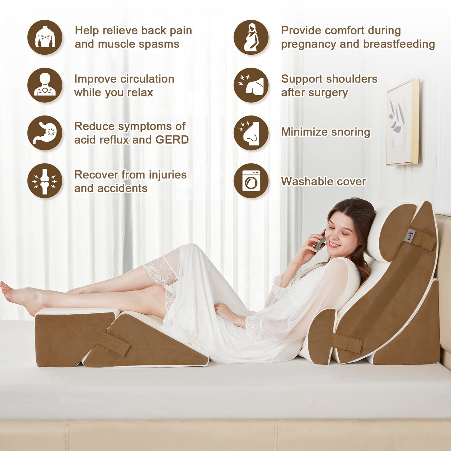 Lazyzizi 6pcs Orthopedic Bed Wedge Pillow Set, Memory Foam Wedge Pillow for Sleeping, Knee, Lumbar and Back Pain Relief Adjustable Bed Pillow - Acid Reflux, Anti Snoring & GERD Sleeping, Brown