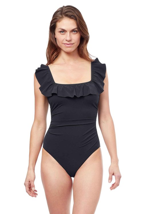 Profile by Gottex Womens Tutti Recycled Square Neck Ruffle One Piece Swimsuit, Black, 14 US