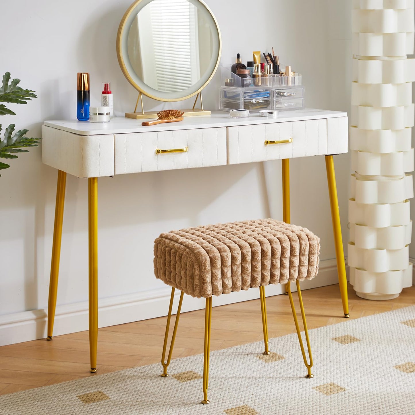 IBUYKE Rectangular Footrest Stool Ottoman, Makeup Vanity Stool Side Table, Velvet Dressing Table Seat, Footstool Chair, Golden Steel Legs, for Makeup Room, Bedroom, Square Grid Pattern, Khaki WBD003K