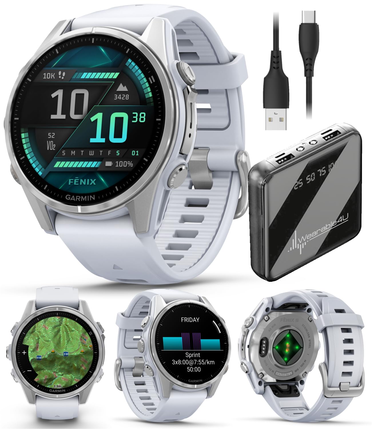 Wearable4U Garmin Fenix 8 - 43 Mm, Amoled Multisport Gps Smartwatch, Silver With Whitestone Silicone Band, Built-In Led Flashlig