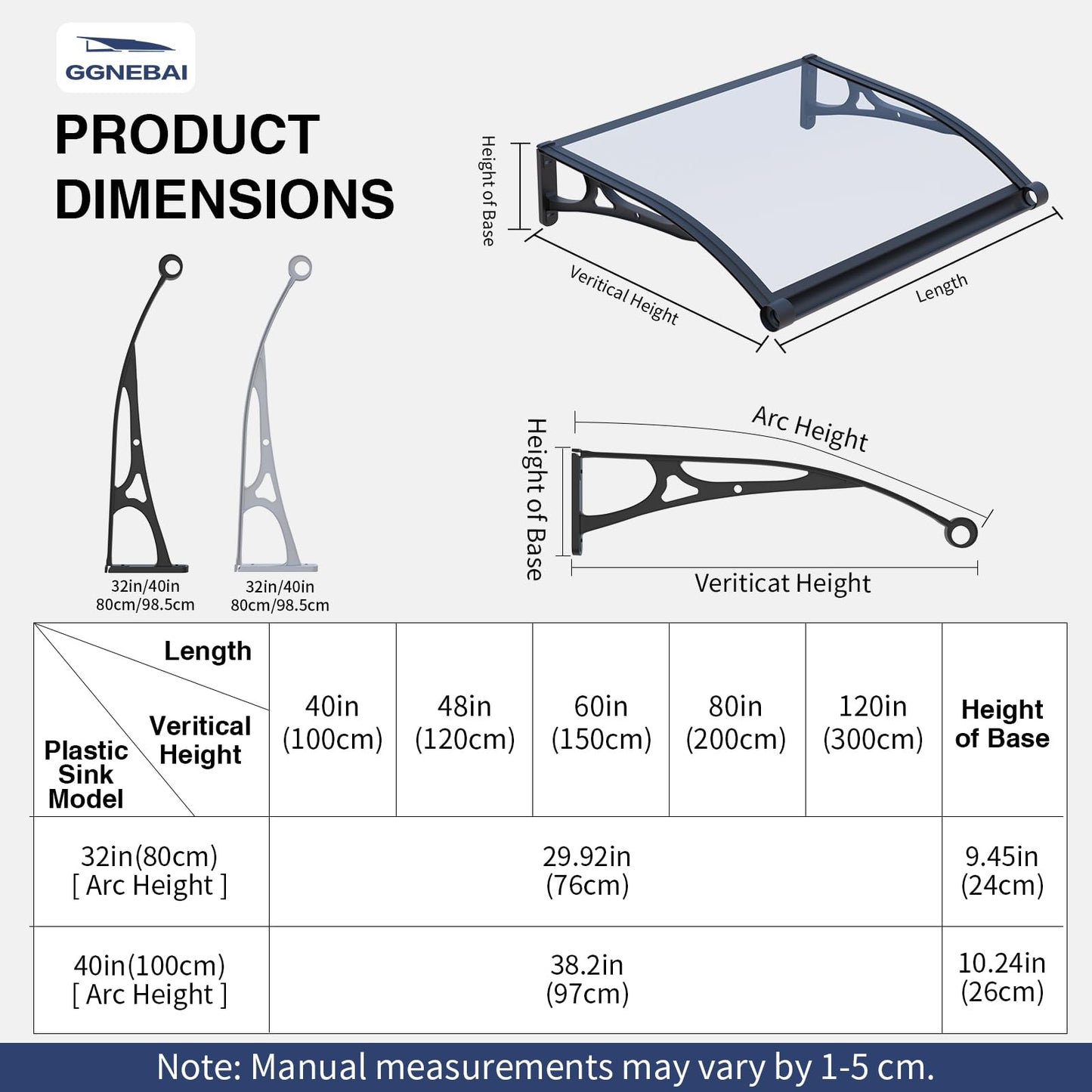 Awning for Door Entrance,40x80 Inch Awnings for Doors with Drainage Sink,Window Canopy Exterior with Aluminum Alloy Bracket,Solid Polycarbonate Cover,UV,Rain,Snow Protection for House,Porch,Patio,Deck