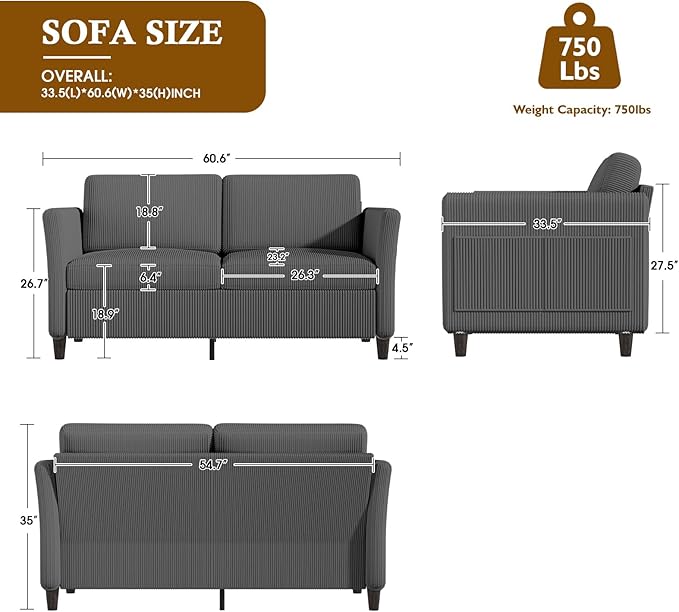 Valthie 60.6" Corduroy Loveseat Sofa, Modern Comfy Couches with Side Pocket, 2-Seater Sofa Couch for Living Room, Bedroom and Small Spaces,Grey