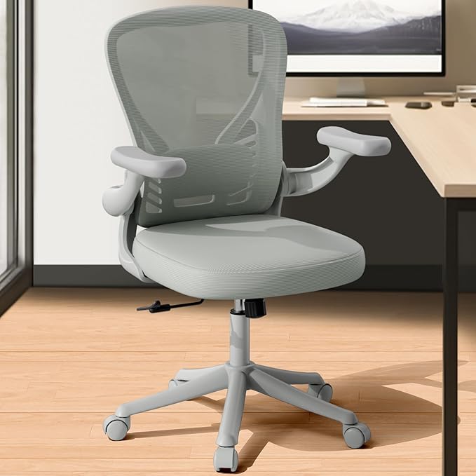 Ollega Computer Desk Chair with Wheels, Mesh Office Chair with Flip Up Arms, Adjustable Lumbar Support, Swivel Desk Chair Comfy, All Grey