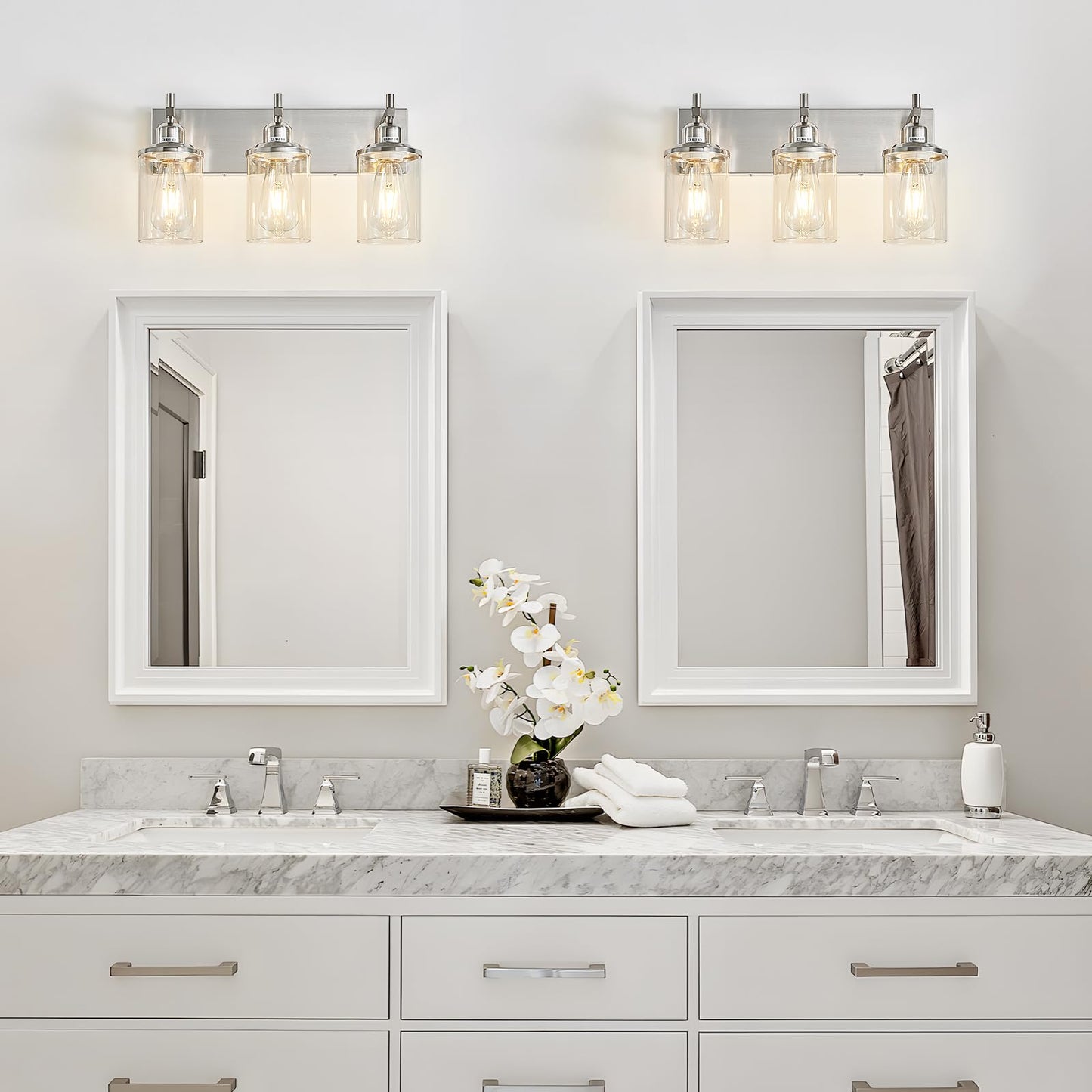 Lanhall 3-Light Brushed Nickel Bathroom Light Fixture Over Mirror Modern Bathroom Vanity Light Vintage Wall Lighting with Clear Glass Shade for Bathroom, Bedroom, Hallway, Cabinet