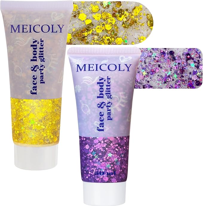 MEICOLY Purple and Gold Face Body Glitter Set, Mardi Gras Face Glitter,Mardi Gras Outfit for Women Kids,Mardi Gras Accesso...