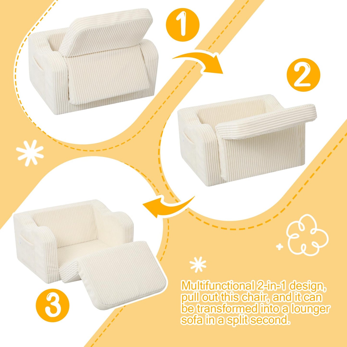 MeMoreCool Toddler Chair Comfy for 1-3 Years Old, Corduroy Kids Couch Bed Fold Out, 2-in-1 Foldable Baby Lounge Chair, Pull Out Children Sofa Bed, Beige