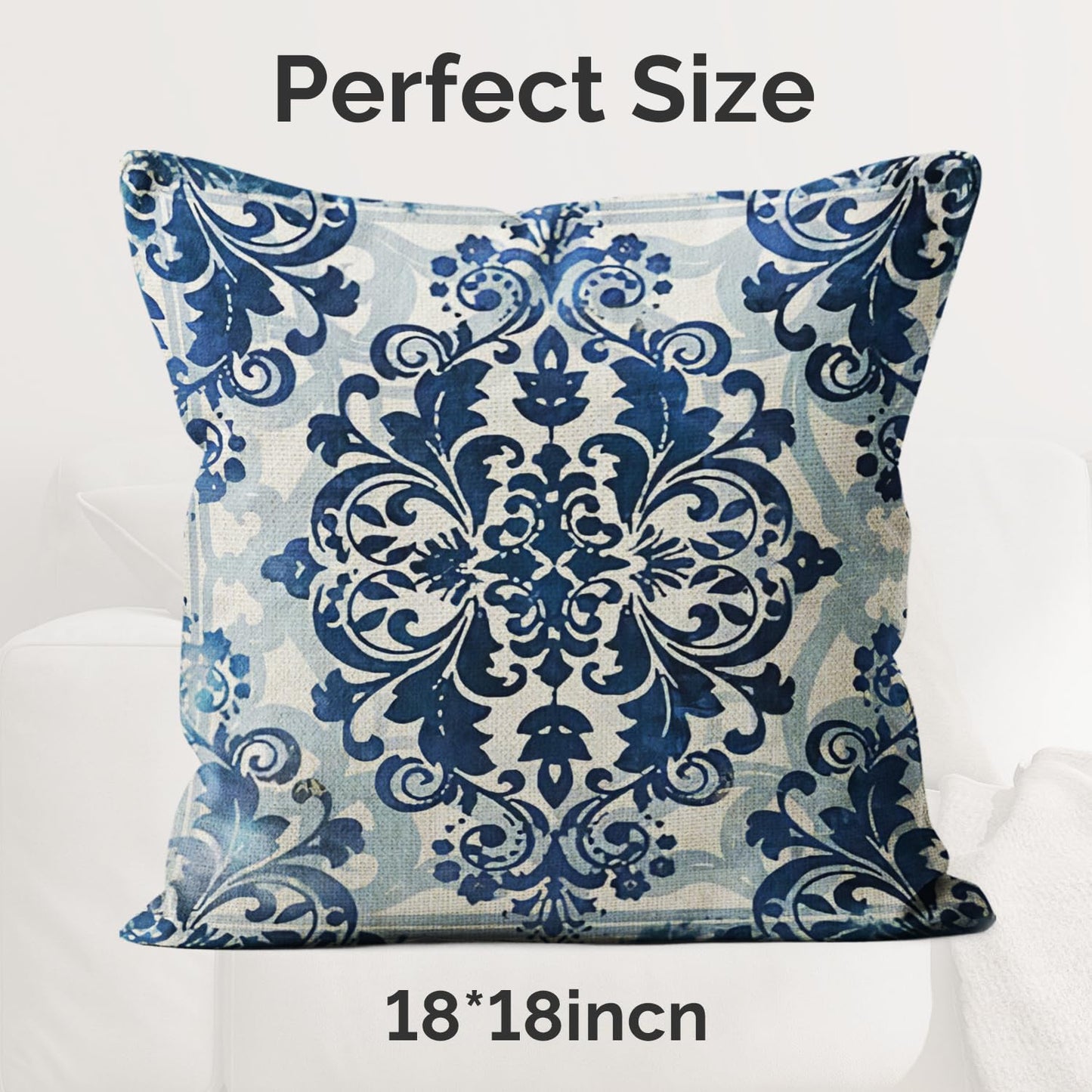 M-Qizi Blue Throw Pillow Covers - Blue Pillow Covers 18x18 Set of 4, Decorative Blue and White Pillow Covers, Chinoiserie Pillow Cover, Chinoiserie Decor