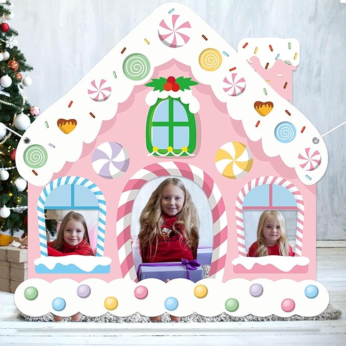 Large Christmas Gingerbread House Photo Booth Props Pink Gingerbread House Birthday Party Supplies Fabric Backdrop Door Ba...