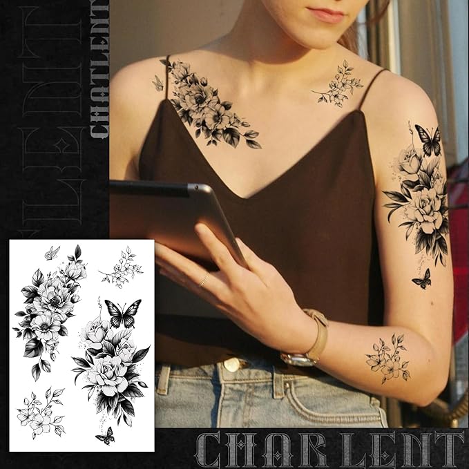 CHARLNET Large Flower Temporary Tattoos for Women - 33 Pcs Realistic Black Flower Rose Fake Tattoos for Women Body Art Arm Chest Legs Shoulder Abdomen