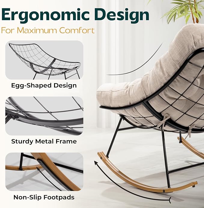 Bme Outdoor and Indoor Patio Rocking Chair with Ottoman, Wood Texture Rocker with Beige Cushion, 7'' Thick, 400lbs Capacity, Sturdy Construction, Ergonomic Design, Quick Assembly, Floor ensureor
