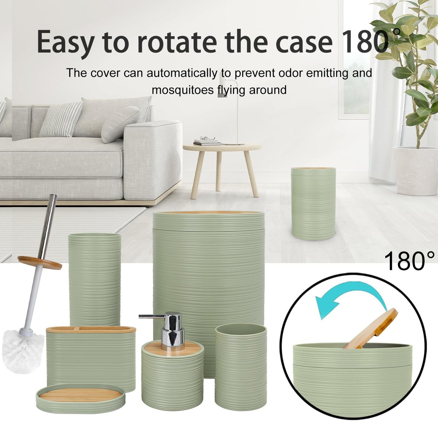 CERBIOR Bathroom Accessories Set 6 Piece Bamboo Bath Ensemble Includes Soap Dispenser, Toothbrush Holder, Toothbrush Cup, Soap Dish for Decorative Countertop and Housewarming Gift, Sriral Green