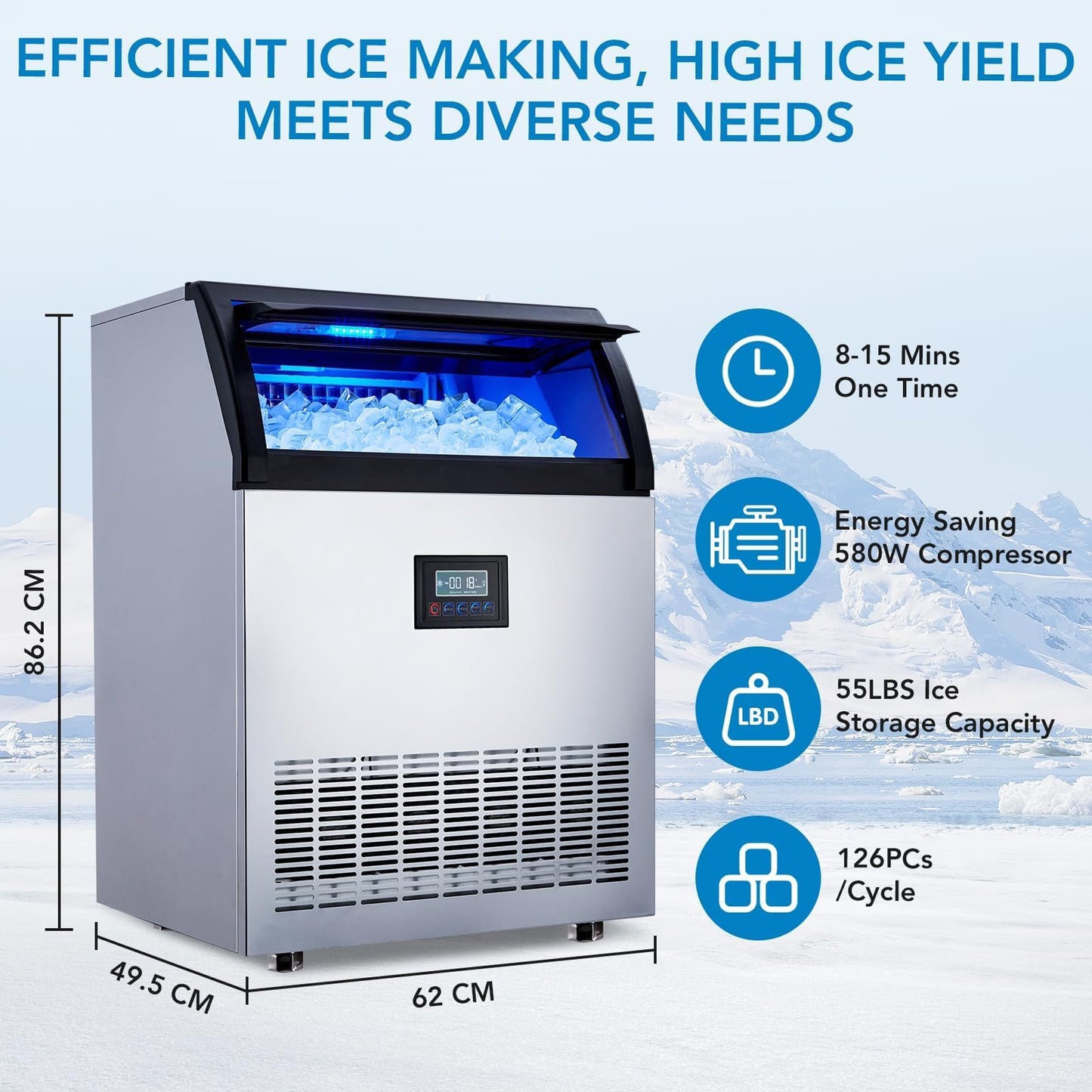 GarveeHome Commercial Ice Maker Machine - Efficient Ice Production with 200 LBS/24H and 55 LBS Storage, Fast 126 Cubes in 12-15 Min, LED Display, Perfect for Home Bar, Office, and Parties