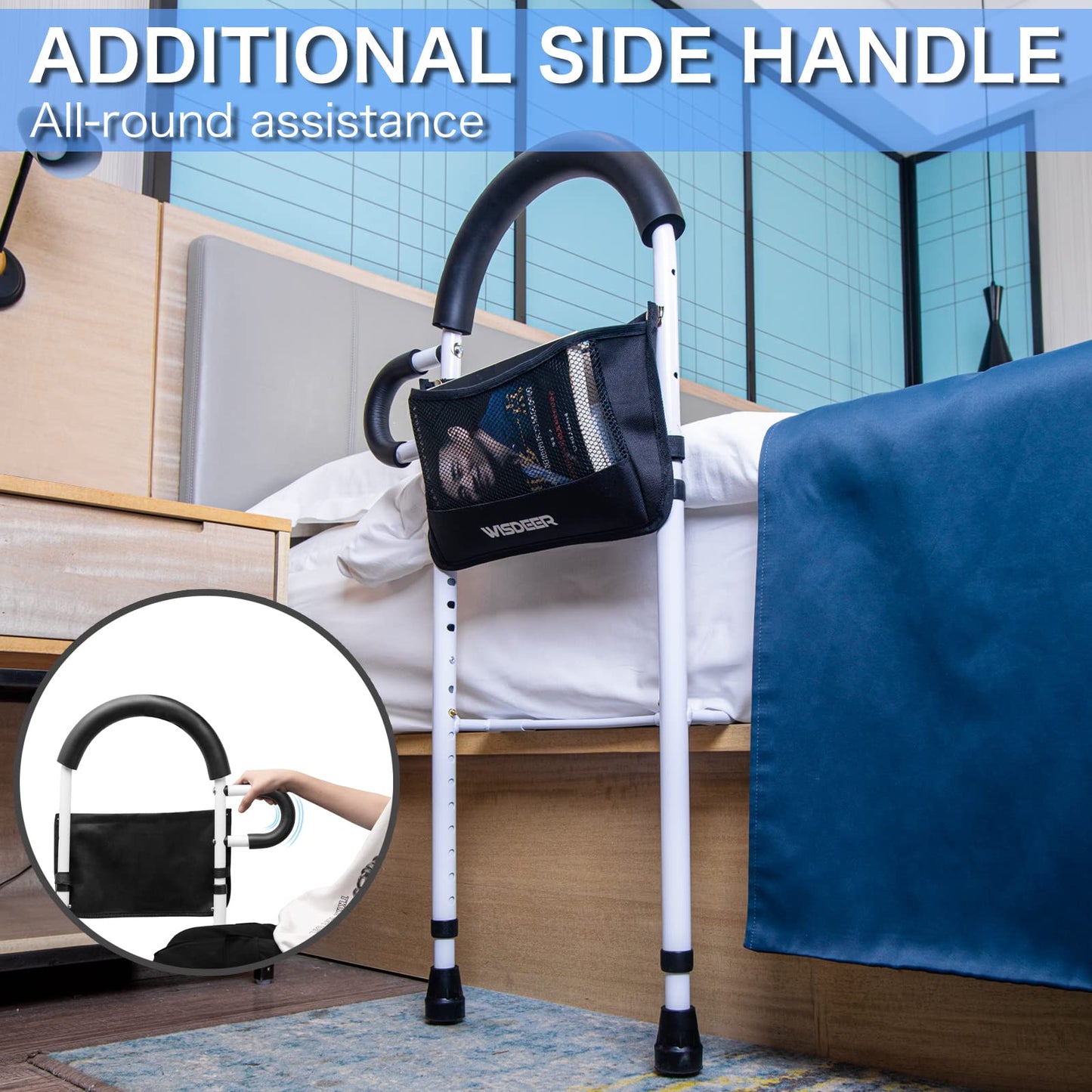 Bed Rails for Elderly Adults Safety with Storage Pocket, Dual Handle Grab Bars Height Adjustable Bed Rail Bed Assist bar Bed Rails for Seniors - Easy to Get in or Out of Bed Safely with Floor Support
