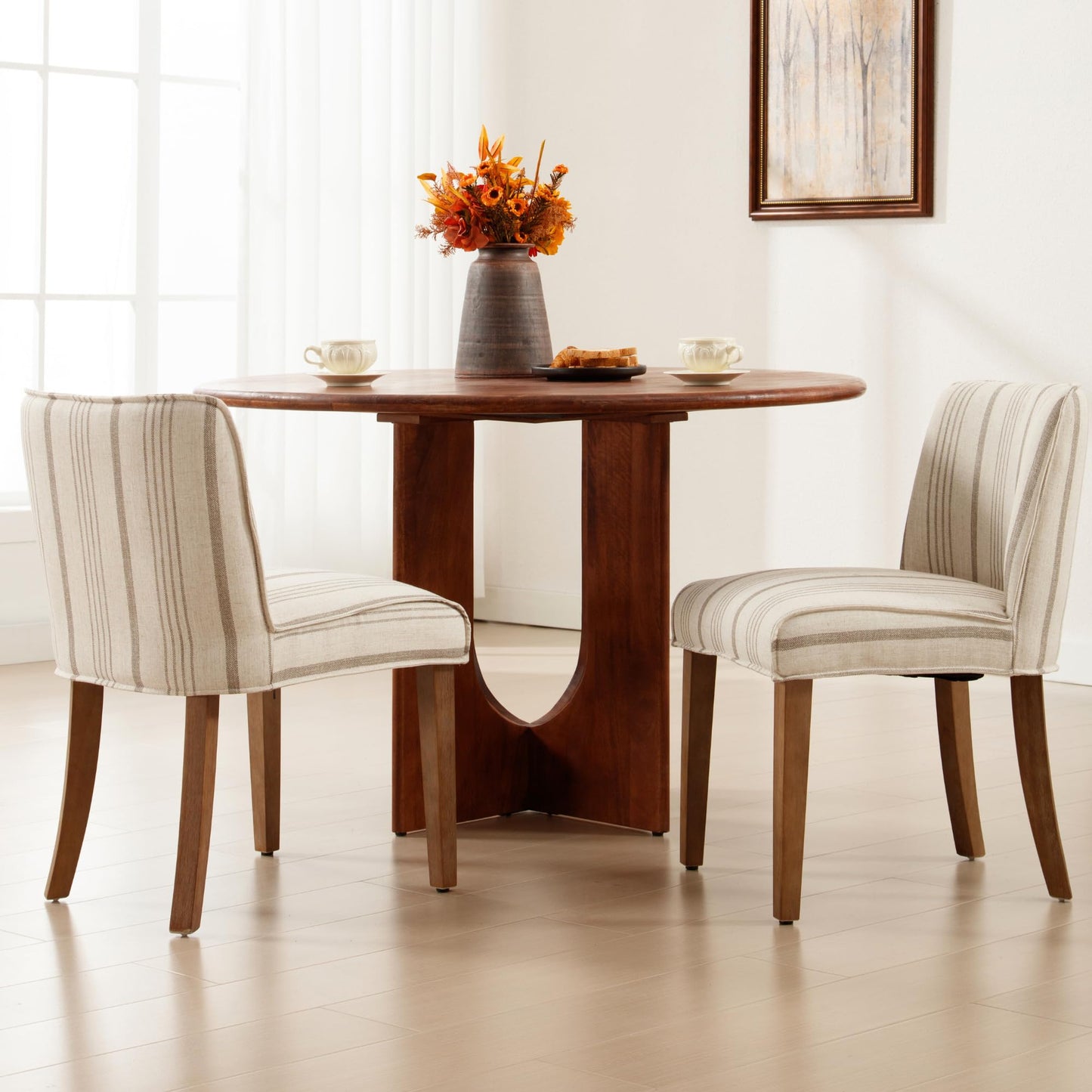 DM Furniture Rustic Dining Chairs Set of 2 Upholstered Kitchen Chairs Solid Wood Armless Dining Room Chairs for Home Kitchen/Restaurant, Khaki Stripe
