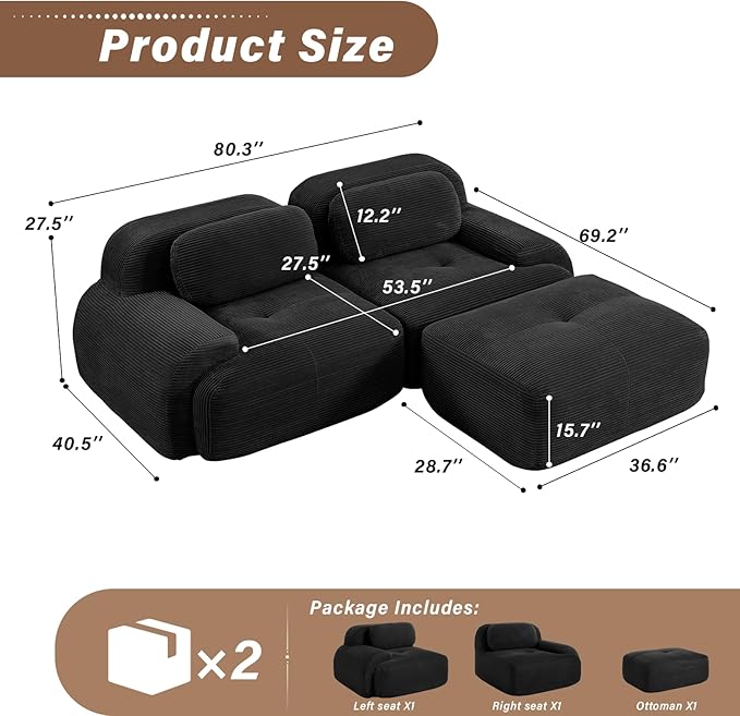 SoarFlash 81” Sectional Cloud Boneless Sofa Couches for Living Room-2 Seater L-Shaped Modern Lounge Couch-No Assembly Modular Corduroy Convertible Sponge Sleeper Sofas with Chaise for Home House,Black