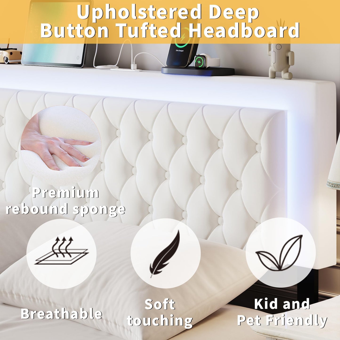 MARMONS Queen Size Bed Frame, LED Queen Bed Frame with Headboard and Storage Cabinets, Upholstered Velvet Bed Frame Queen with Charging Station, Wooden Slats Support, No Box Spring Needed, White