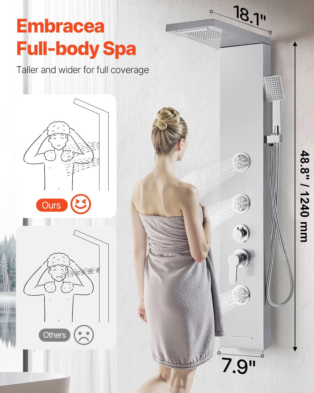 VEVOR Shower Panel Tower System with Rainfall Waterfall Shower Head, 53 in Brushed Stainless Steel Shower Column, 5-Function Faucet, Wall-Mount Rain Massage System with 3 Body Jet, Handheld, Tub Spout