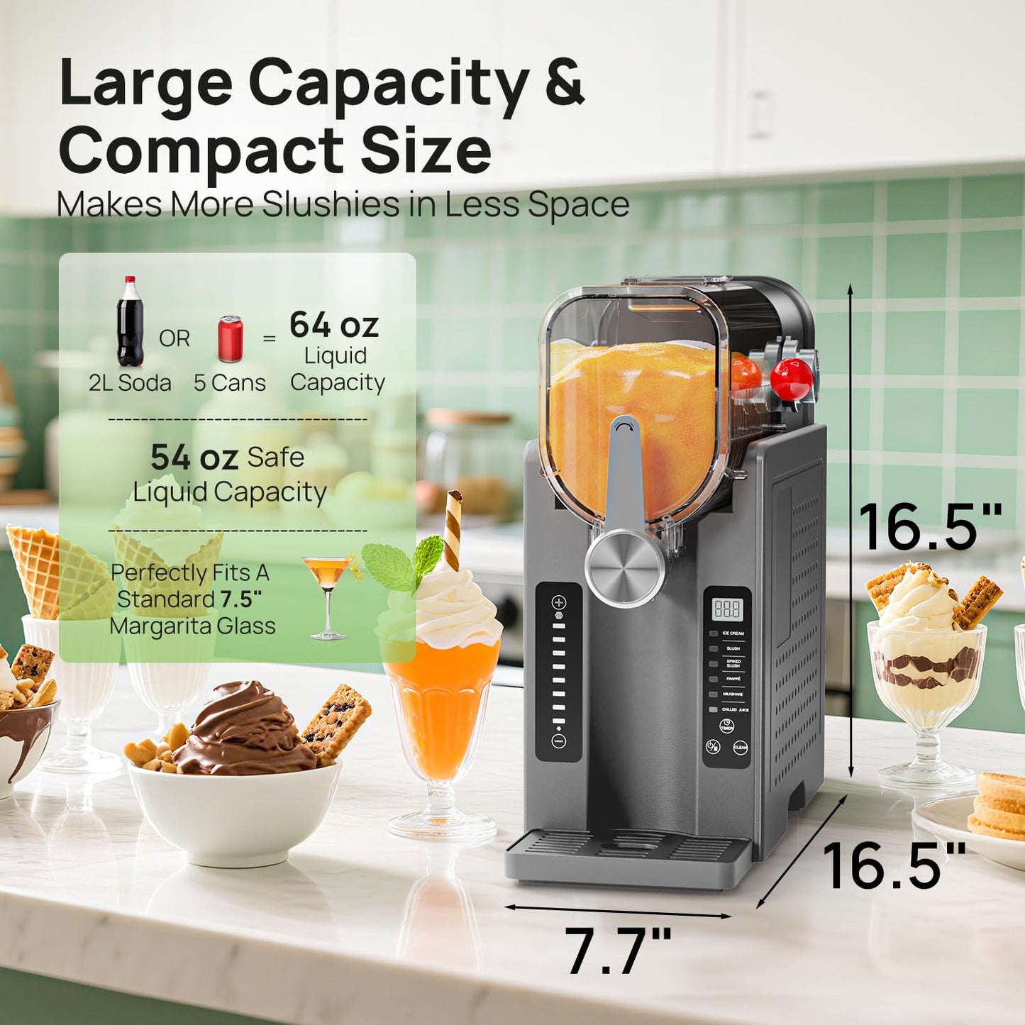 Slushie Machine No Ice Needed, Slushy Machine for Home, Frozen Drink Maker with 6 Preset Programs for Margaritas, Frappés, Milk Shake and More, LED Display, Auto Clean, Grey, 1 Pack+6 Modes