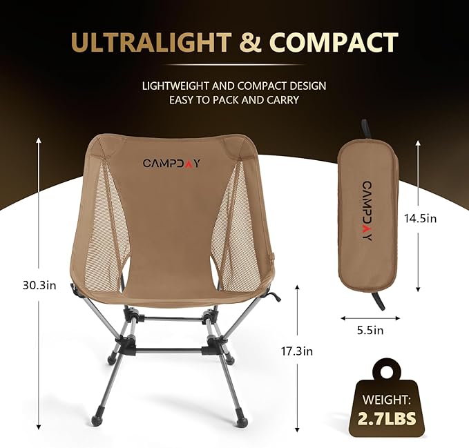 Campday Camping Chair Portable Hiking Ultralight Backpacking Small Lightweight Folding Chair for Outdoor Camp Hunting Beach Picnic Concert, Supports 330lbs (Khaki,1PCS)
