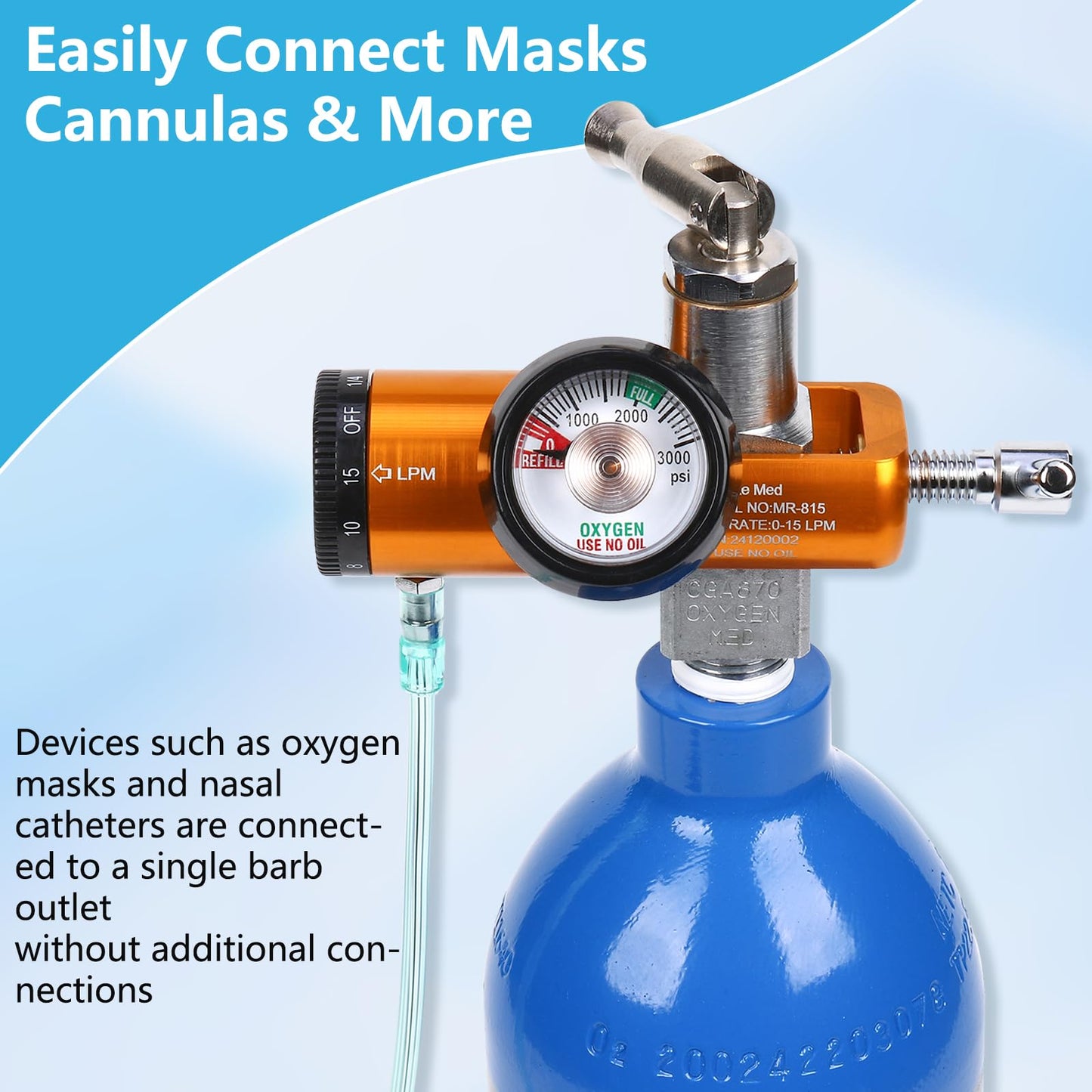 AnteMed Oxygen Regulator for Oxygen Tank CGA-870, Mini O2 Regulator with Gauge, 0-15 LPM Adjustable Flow, Portable Oxygen Tank Regulator