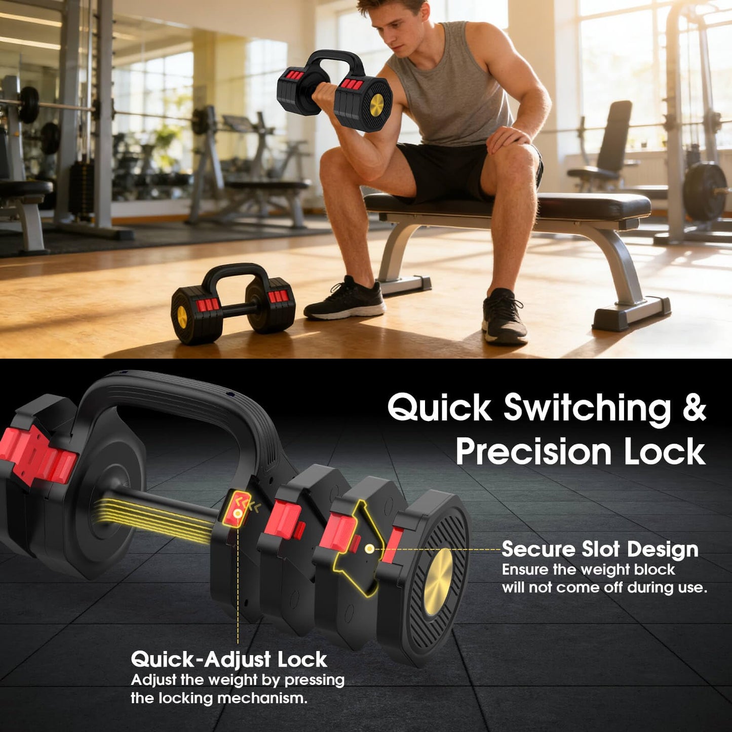 Hamjoiet Adjustable Dumbbell Set, 4 Levels Weights Dumbbell Set with Each 5lb/10.3lb/15.4lb/20.5lb, Adjustable Weights Paired with Kettlebell Handle for Home Gym Strength Training (Black)