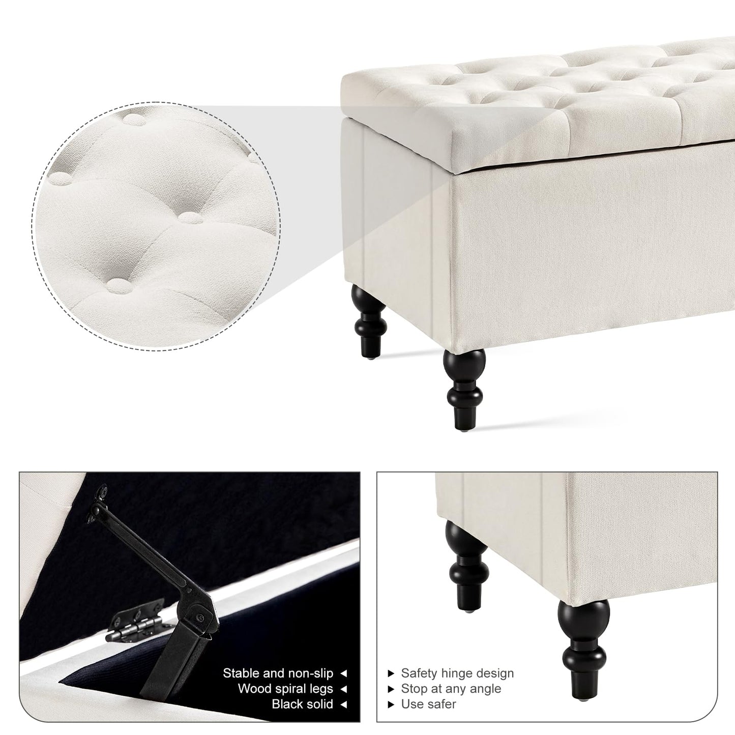 kinmars Ottoman with Storage,50.2-inch Upholstered End of Bed Storage Bench for Bedroom,for The Living Room,for Entryway, with Button and Safety Hinges,Detachable (White)