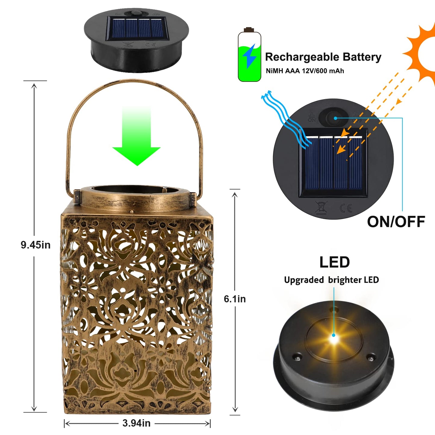 YWYWLED 2 Pack Bronze Solar Lanterns - Waterproof Metal Hanging Solar Lights Outdoor Decorative, Solar Powered LED Lamp for Patio Tabletop Porch Deck Yard Garden Decor for Outside (Rose)