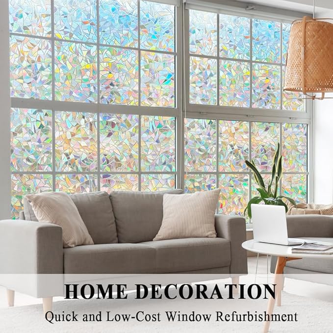 3D Prism Window Film Translucent Decorative Rainbow Sliding Glass Door Tint Covers Static Cling No Residue Heat Control Anti UV Removable Décor Coverage for Kitchen Bedroom Living Room,23.6x78.7in.