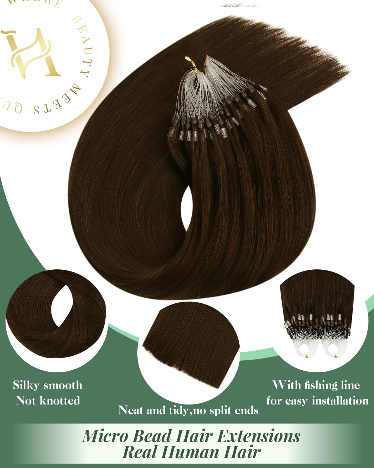 Ugeat Microlink Hair Extensions Chocolate Brown for Salon Micro Loop Real Human Hair Extensions Chocolate Brown Micro Bead No Gl
