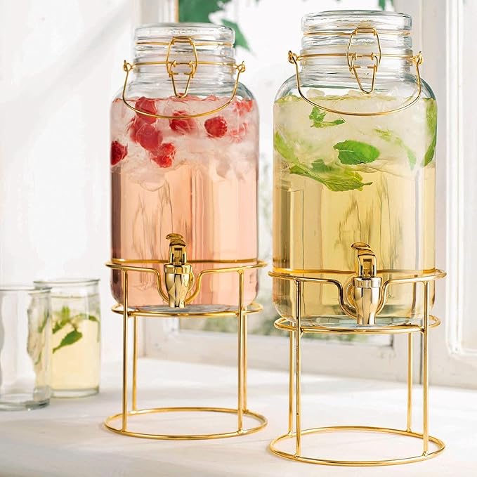 Drink Dispensers for Parties, 2 Pack 1 Gallon Beverage Dispenser with Stand, Drink Dispenser With Glass Lid, juice dispens...