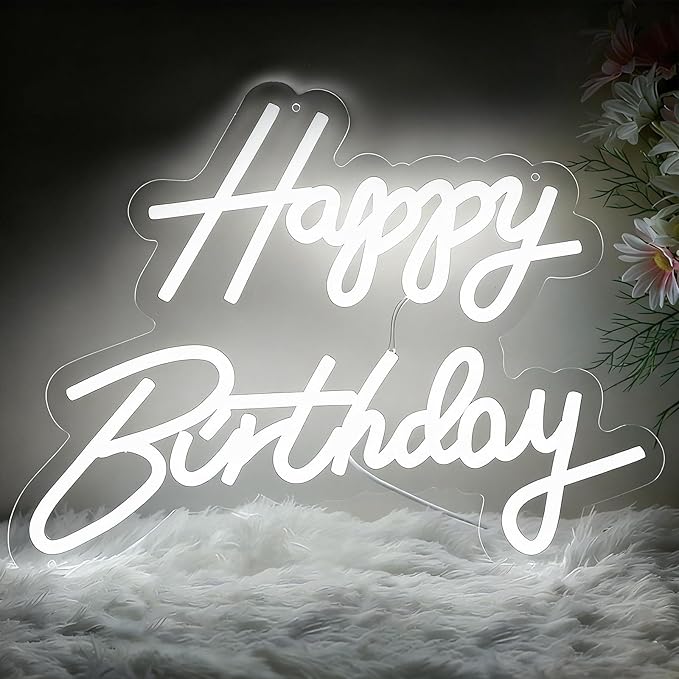 Happy Birthday Neon Sign - 16.5x9.8 Inch White Birthday Neon Light for Wall Decor, USB Powered Dimmable Party Decorations ...