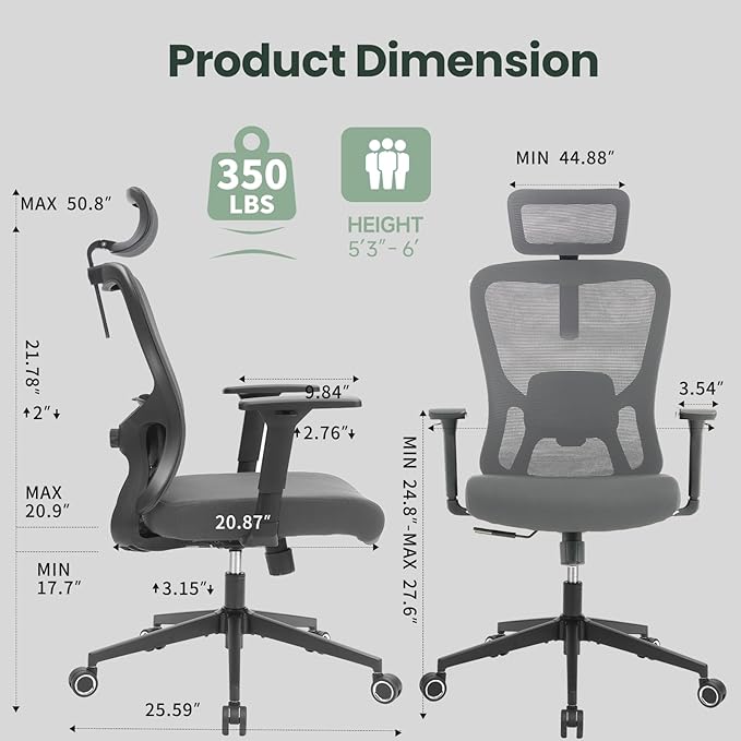 ZYFFHYLAI Ergonomic Office Chair - 350LB Mesh Office Chair with Adjustable Lumbar, High Back Computer Desk Chair with 3D Armrest, Comfy Chair with 2D Headrest & Tilt Function for Study, Work, Gaming