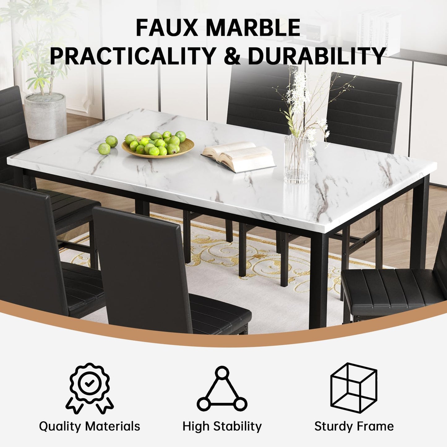 Recaceik Dinner Table Set for 6,Faux Marble Dining Room Table Set,7 Piece Dining Table Set for 6 with PU Leather for Kitchen and Dining (White & Black)