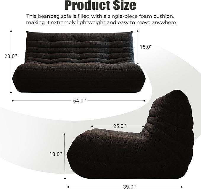 Selyteramy Bean Bag Chairs for Adults, Giant Bean Bag Chair Sofa with Memory Foam, Black, 3 Seat