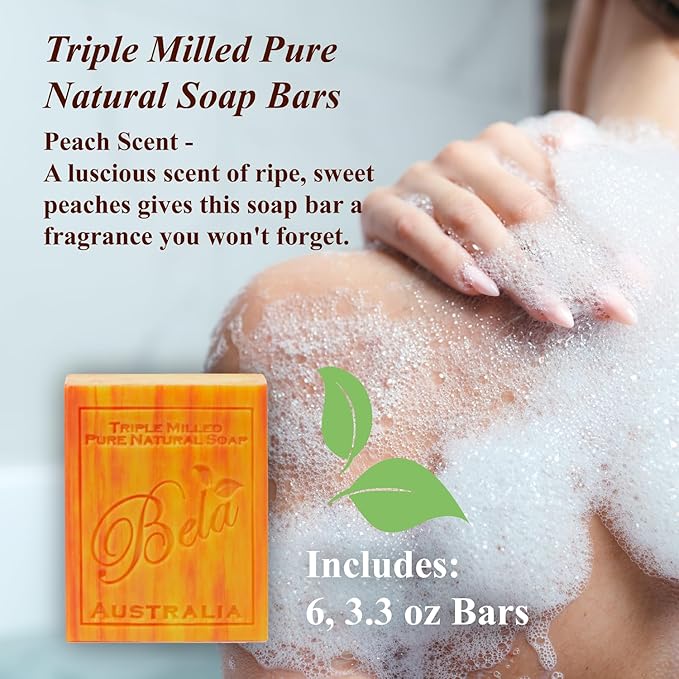 BELA French Peach Soap, 3.3 OZ Pack of 6, Long Lasting French Triple Milled Bar Soap with Organic Shea Butter, Hand, Face and Body Wash Bar, Made in Australia