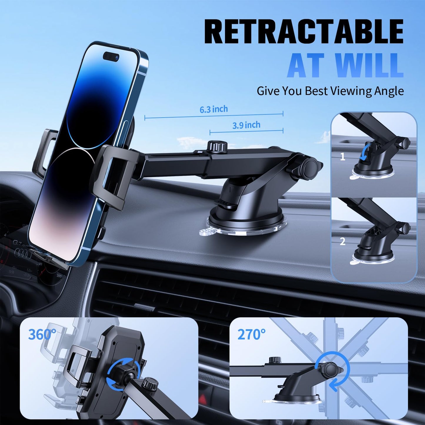 Suuson 3 In 1 Car Phone Holder, Dashboard & Windshield & Vent Universal Car Mount Phone Holder For Your Car, Cell Phone Holder T