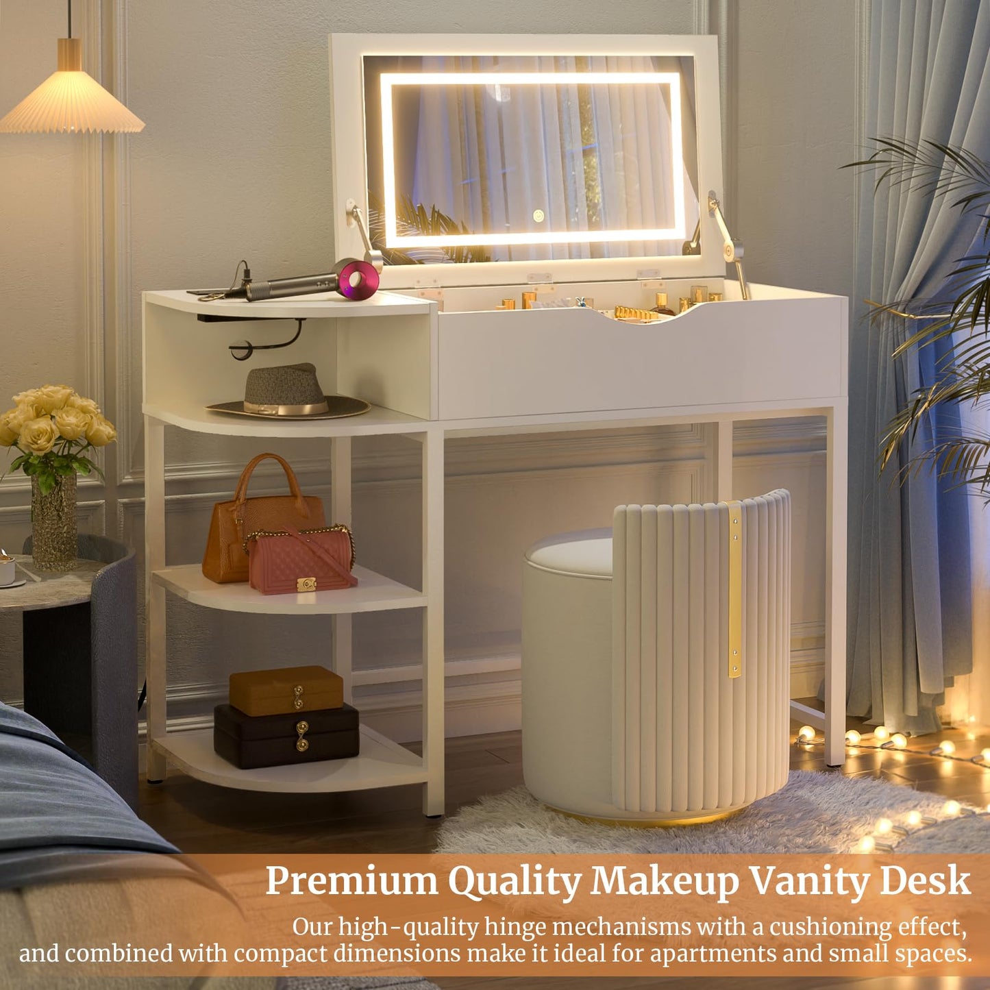 Cyclysio Vanity Desk with Flip Top Mirror and Lights, Makeup Vanity Desk with Drawers, Dressing Table with Storage Shelves & Charging Station, Small Vanity for Small Spaces, White