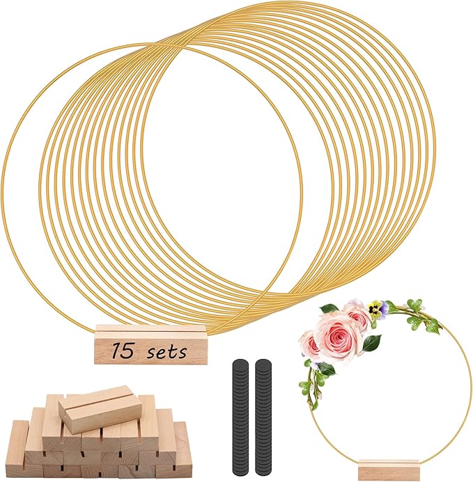trophable 15Pcs 12 Inch Metal Floral Hoop Centerpiece with 15 PCS Wood Place Card Holders and Adjustable Foot Pads, Gold W...