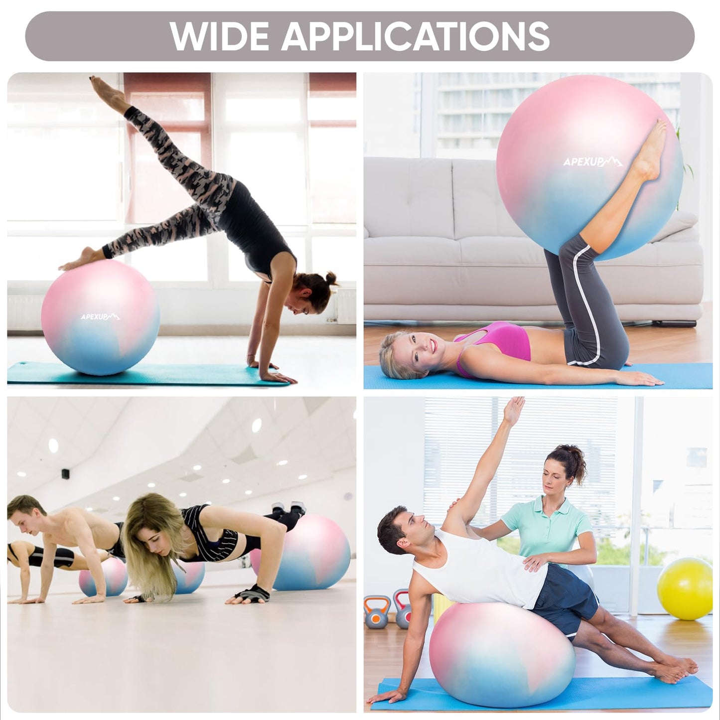 APEXUP Yoga Ball Exercise Ball, Heavy Duty Gym Ball for Fitness, Balance, Core Workout, Physical Therapy (S (15"~18") 45cm, Blue Pink)