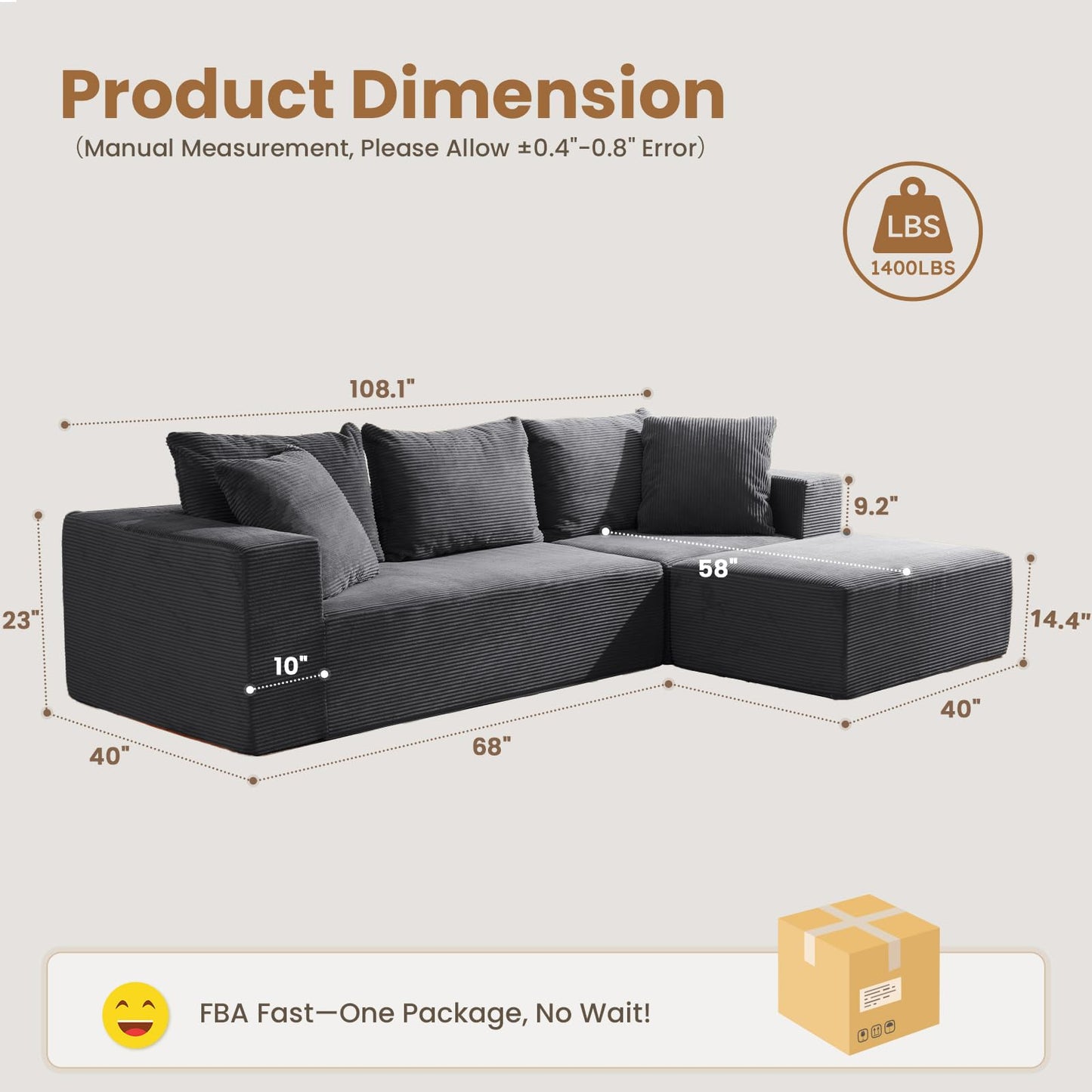 108" L-Shaped Boneless Couch, Modular Sectional Sofa with Moveable Ottoman, Corduroy Cloud Couches for Living Room, No Assembly, Ship in a Box, Ash Gray