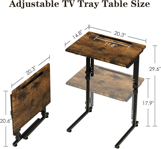 Fleecy day Adjustable Folding TV Tray Table,TV Dinner Small Foldable C-Shaped End Table for Eating,6 Height Adjustable Slide Under Couch Side with Sturdy MDF Top,No Assembly(Brown)