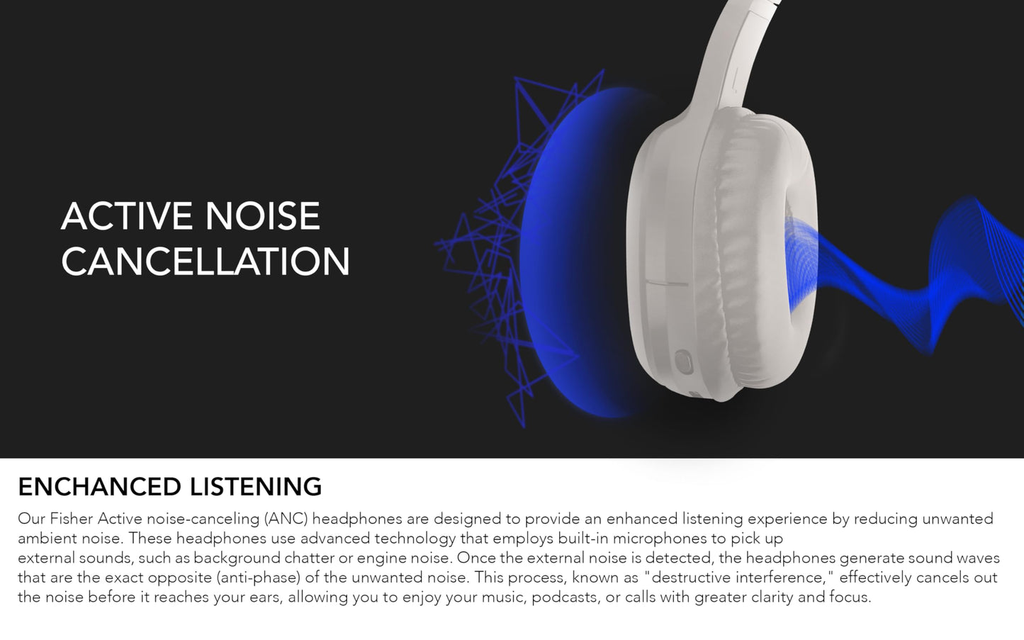 Fisher Active Noise Cancelling Headphones, Over Ear Wireless Bluetooth 5.3 w Microphone, Lightweight Comfortable Headset for Home Travel, 16H Playtime, Rechargeable, Hi-Res Sound Audio, Deep Bass