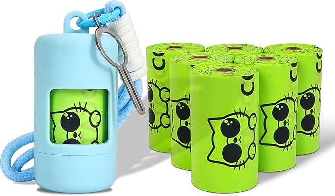 Dog Poop Bags with Dispenser & Holder, Guaranteed Leak Proof, Unscented Extra Thick Heavy Duty Tear-resistant 18-Micron Waste Bag Refill Rolls (SykBlue (105-Bags, 1-Dispenser))