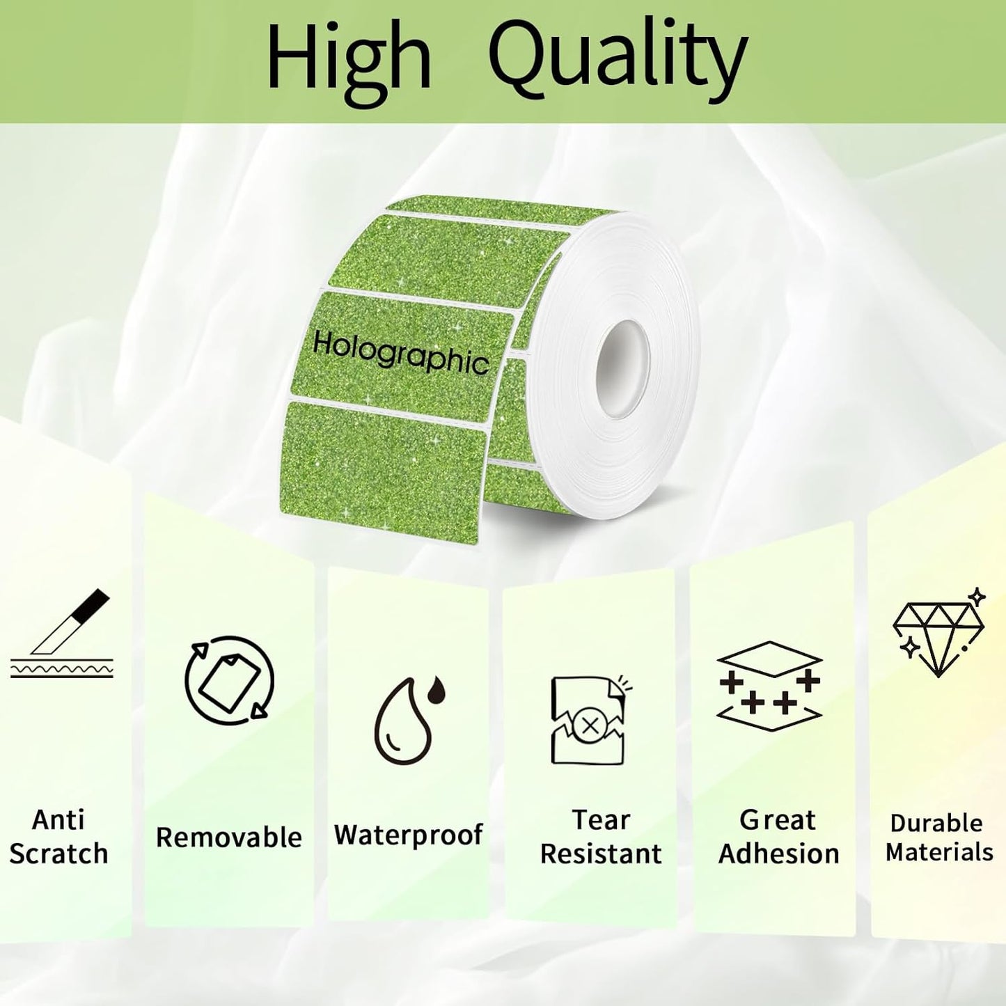 2.25"x1.25" Holographic Thermal Labels Stickers, Glitter Direct Thermal Printer Labels, Waterproof Self-Adhesive Address Shipping Label Stickers, 300 Sheet/ 1 Roll, Holographic Shiny Green