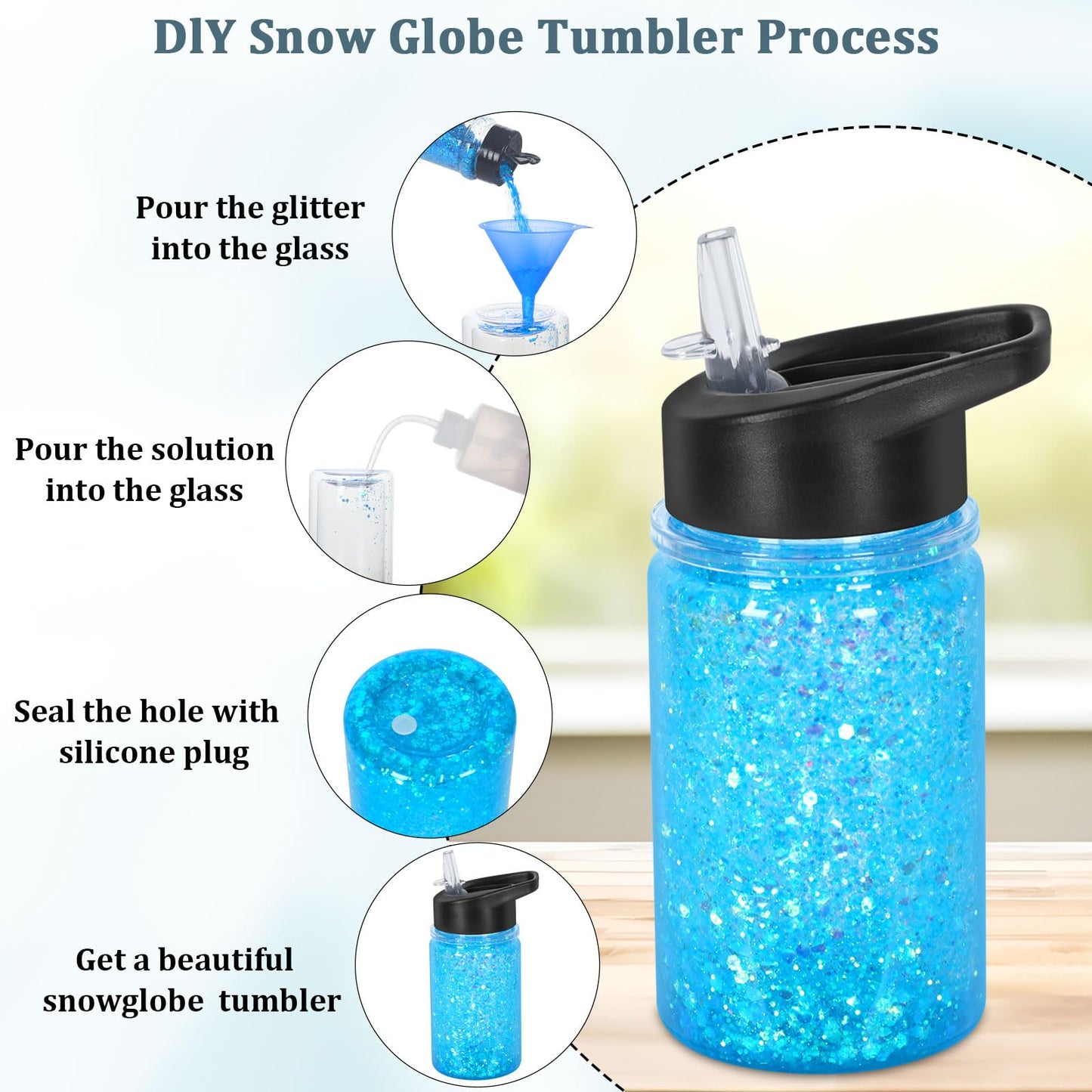 Micellwuu 4 Pack 10 Oz Plastic Double Wall Snow Globe Tumbler, Snowglobe Tumbler with Pre Drilled Hole and Plug, Snow Globe Cups Kid Water Bottle DIY Gift for Scool, Sport