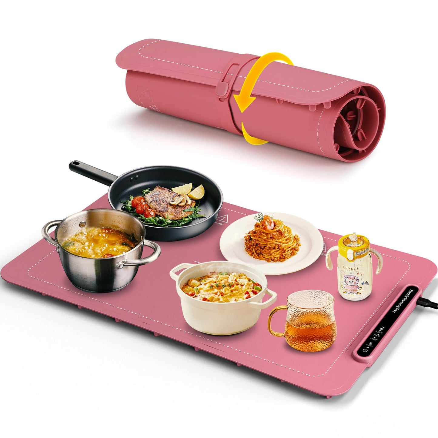 Food Warming Mat, Full Surface Heating Silicone Electric Warming Tray with 3 Level Temperature Settings, Auto Shut-Off, Foldable Roll Up Food Warmer for Parties Buffets, Gatherings