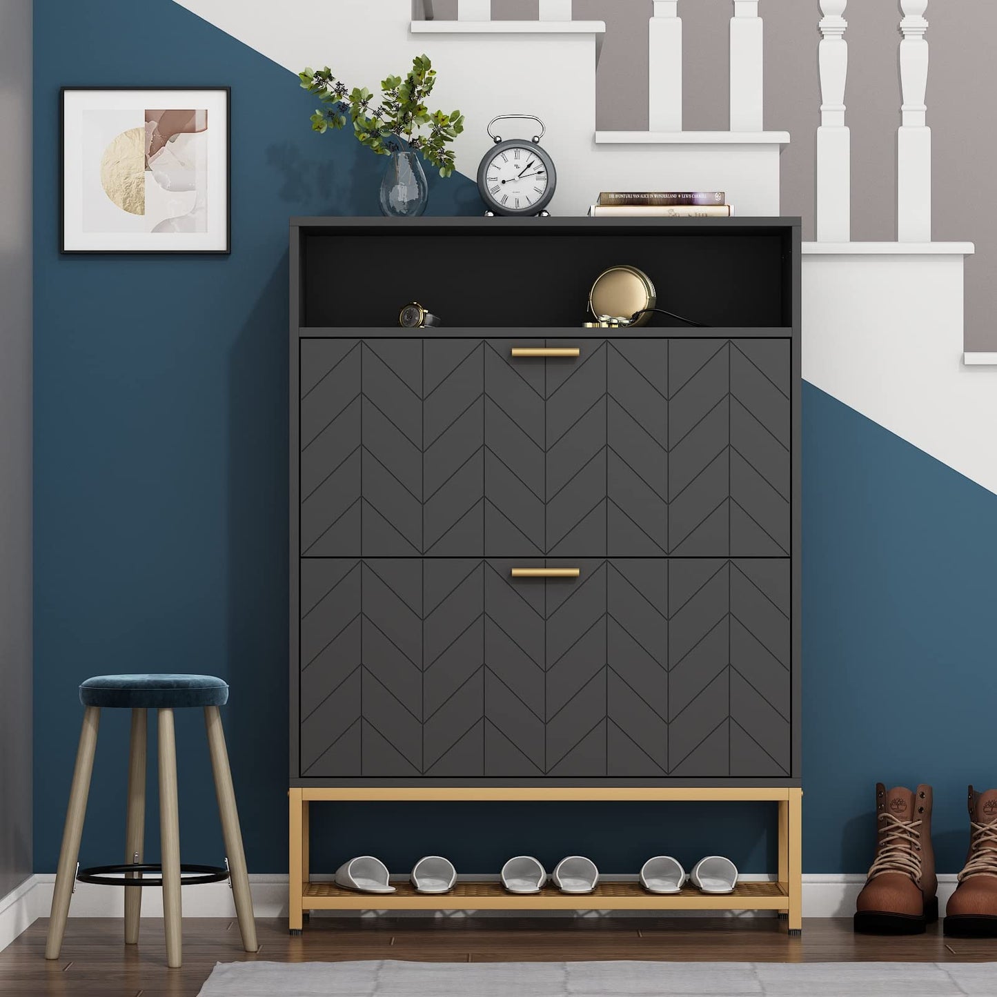 Loomie Free Standing Tipping Bucket Shoe Rack Organizer with 2 Flip Drawers, Narrow Entryway Shoe Storage with Shelf & Top Cubby, Modern Slim Hidden Cabinet with Doors (Black)